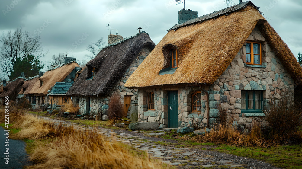 Fototapeta premium Cozy Stone Cottages with Thatched Roofs in a Rural Landscape