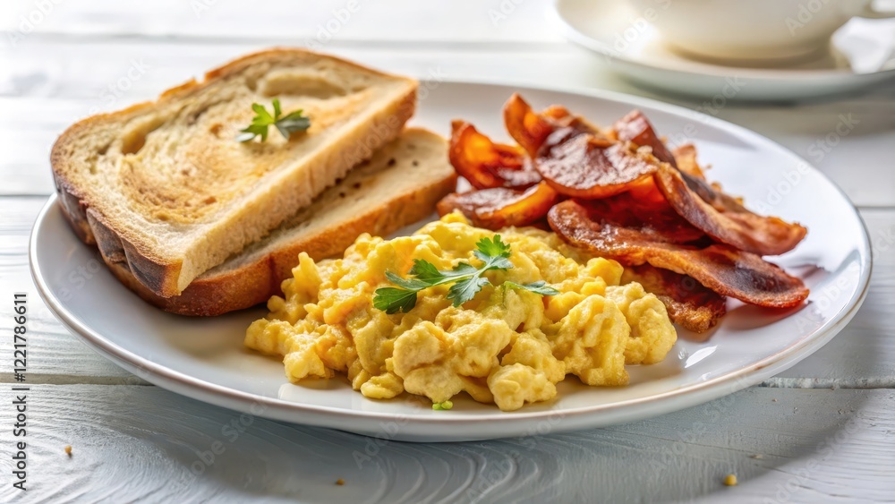 A hearty breakfast plate featuring fluffy scrambled eggs, crispy bacon, and perfectly toasted bread slices.