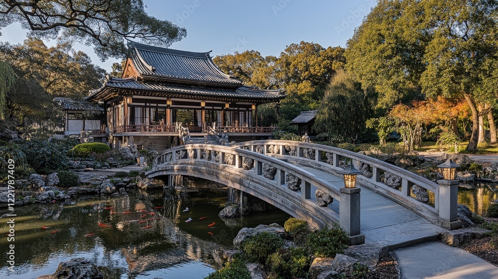 Obraz premium Tranquil Japanese Garden with Bridge and Traditional Architecture