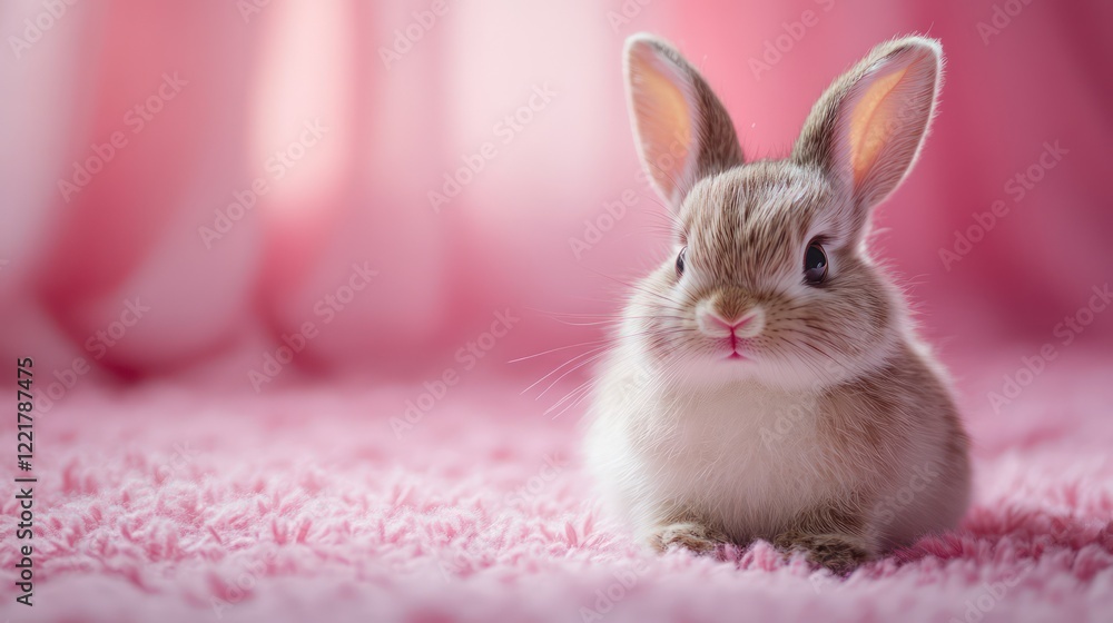White plush bunny toy sitting against a soft pink background, a delightful spring vibe White plush bunny toy sitting against a soft pink background, a delightful spring vibe