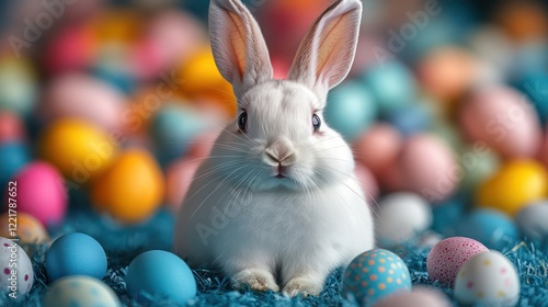 White rabbit with long ears peeking over a surface with colorful eggs in the backdrop, Easter celebration photo