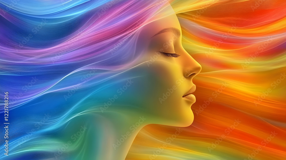Woman Profile with Colorful Flowing Hair and Vibrant Abstract Background Woman Profile with Colorful Flowing Hair and Vibrant Abstract Background