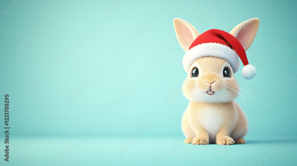 Cute Bunny with Santa Hat on Light Blue Background for Holidays Cute Bunny with Santa Hat on Light Blue Background for Holidays