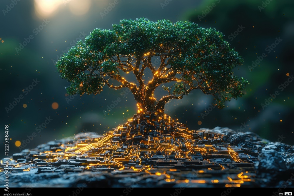 glowing tree that blends with digital circuitry in the background glowing tree that blends with digital circuitry in the background