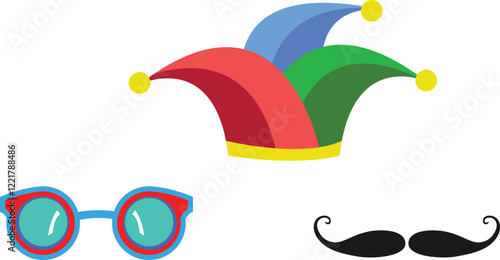  jester hat, colorful glasses, and a black mustache, perfect for humorous or festive designs.