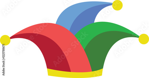 Vibrant illustration of a jester hat with red, green, and blue panels and yellow pom-poms, perfect for festive themes.