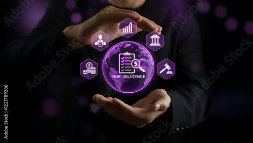 Modern Due Diligence Concept .Businessman Performing Due Diligence with Digital Checklist and Laptop ,legal ,corporate compliance and digital transformation ,Analysis, Technology ,Management .