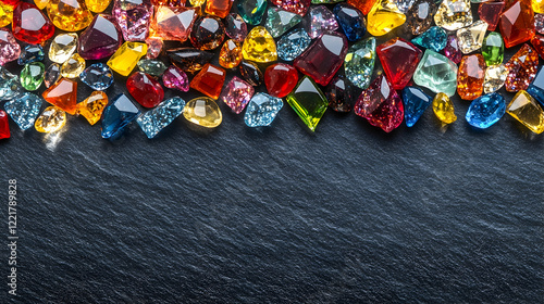 Colorful Gemstones Scatter on Dark Slate Background for Design