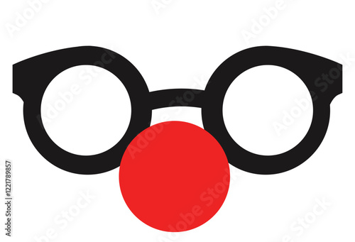 Minimalist design of round black glasses paired with a red clown nose, highlighting humorous and playful themes.
