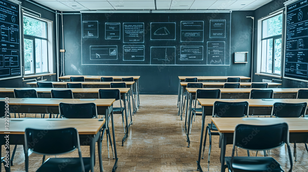 Modern Classroom with Desks and Chalkboard Illustrations Modern Classroom with Desks and Chalkboard Illustrations