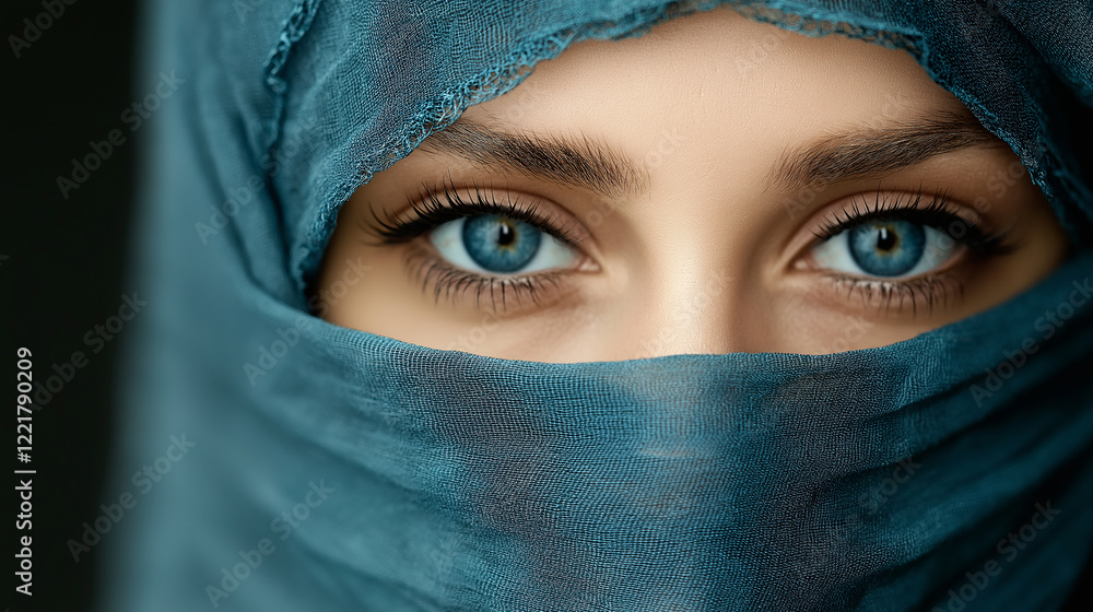Fototapeta premium Captivating blue eyes peering through fabric veil