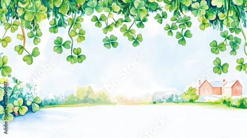 A serene watercolor landscape featuring lush green clovers with a soft glow, set against a tranquil backdrop of a distant house and a bright sky.