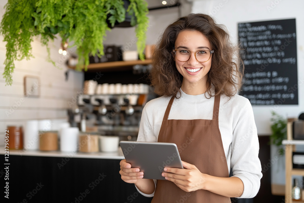 Smiling barista holding tablet and working in coffee shop Smiling barista holding tablet and working in coffee shop
