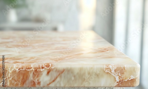 Marble table top with a blurred green bokeh background for product display, banner, mockup,  with generative ai