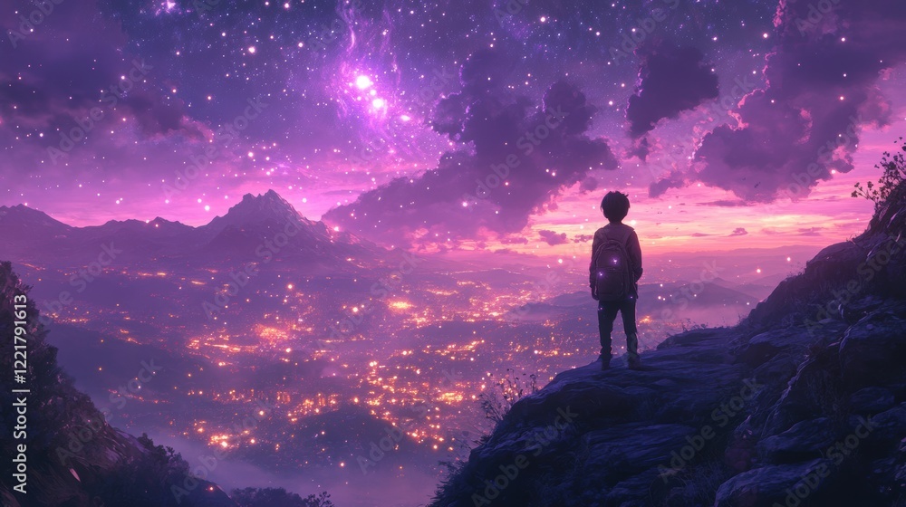 Child Contemplates Starry Night Purple Sky Magical Cityscape Mountaintop View Child Contemplates Starry Night Purple Sky Magical Cityscape Mountaintop View