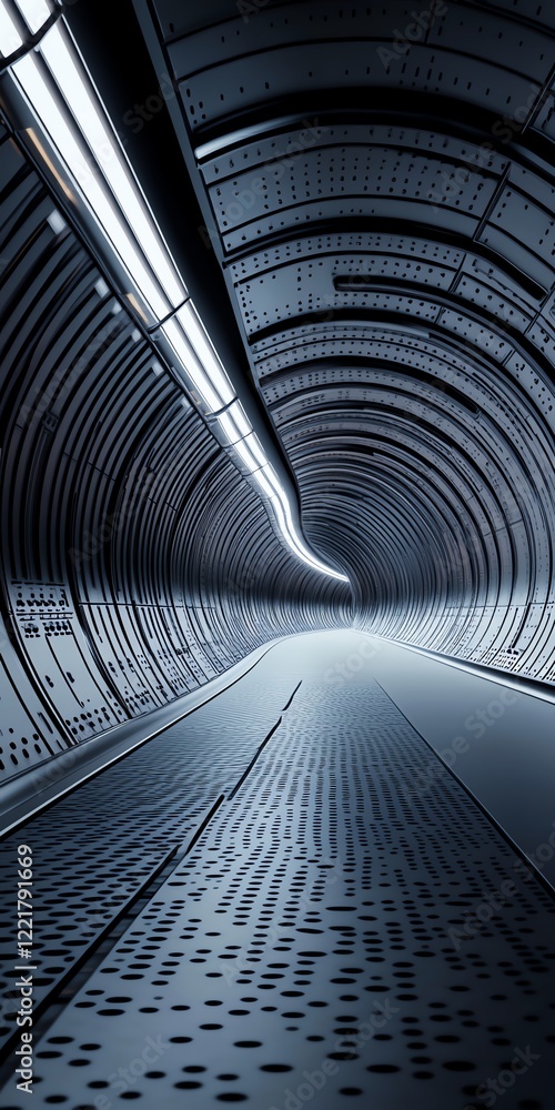 Obraz premium Futuristic illuminated tunnel with metallic walls and curved architecture, perfect for sci-fi themes.