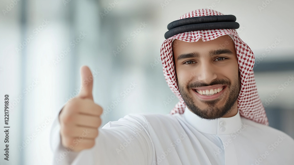 Smiling arab businessman showing thumbs up gesture of approval