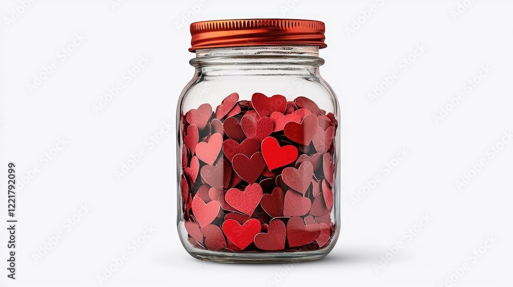 A jar filled with heart-shaped confetti, Valentine's Day celebration theme A jar filled with heart-shaped confetti, Valentine's Day celebration theme