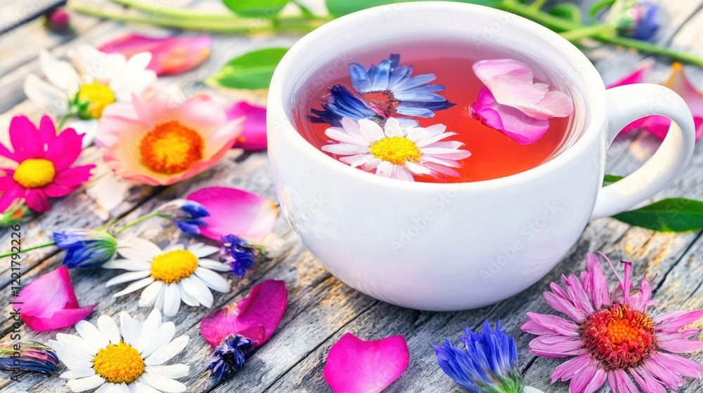 A vibrant cup of tea surrounded by colorful flowers on a rustic wooden surface, exuding a refreshing and tranquil ambiance. A vibrant cup of tea surrounded by colorful flowers on a rustic wooden surface, exuding a refreshing and tranquil ambiance.