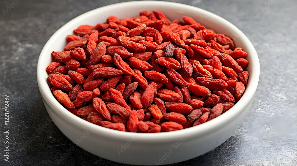 Dried Goji Berries in a White Bowl on a Dark Background Dried Goji Berries in a White Bowl on a Dark Background