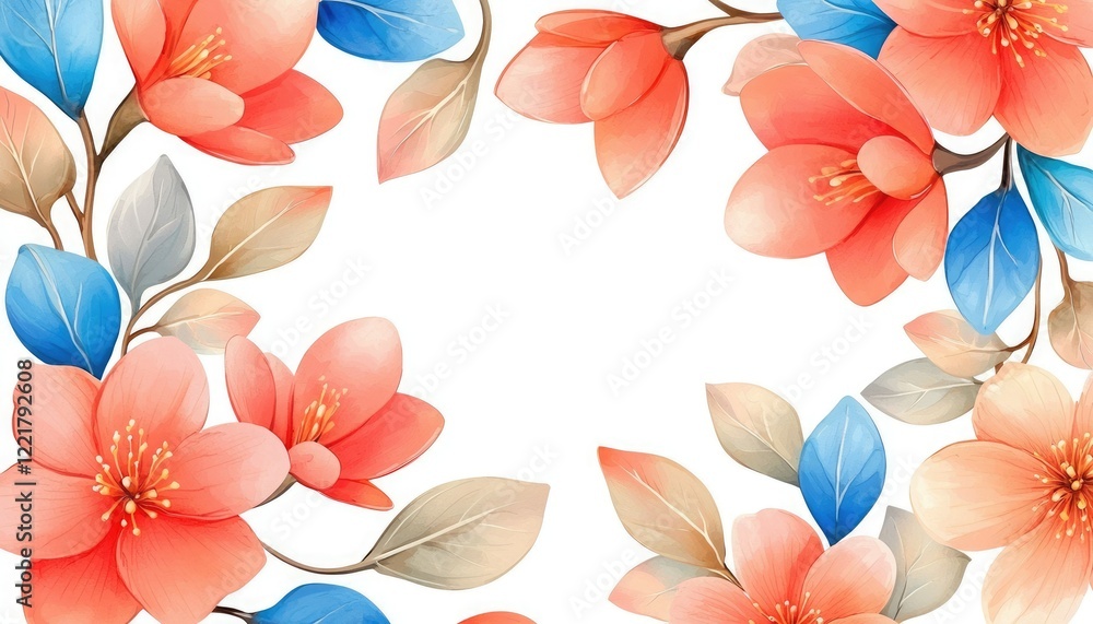 A vibrant floral border featuring peach and blue flowers, framing a blank white space ideal for invitations or creative designs. A vibrant floral border featuring peach and blue flowers, framing a blank white space ideal for invitations or creative designs.