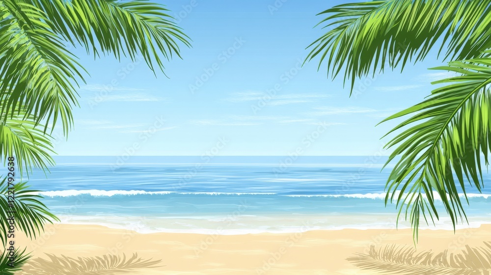 Fototapeta premium Tranquil Beach Scene with Palms and Clear Blue Sky for Relaxation
