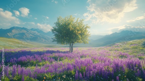 Serene Mountain Meadow With Solitary Tree And Flowers