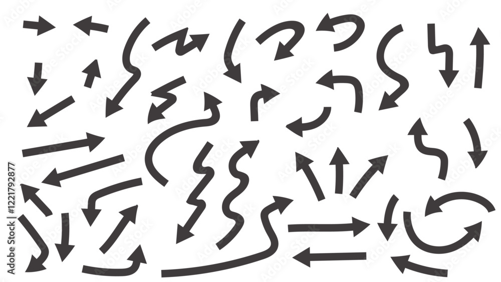 Vector set of arrow silhouettes, black direction icons, various arrows, abstract designs, navigation symbols.
Vector set of arrow silhouettes, black direction icons, various arrows, abstract designs, navigation symbols.