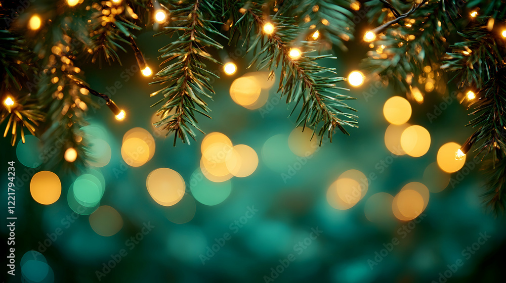 Glowing Christmas Lights on Evergreen Branches with Bokeh Effect Glowing Christmas Lights on Evergreen Branches with Bokeh Effect