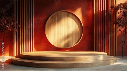 a circular wooden table in a room with a plant photo