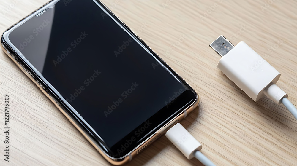 Closeup of a smartphone charging on a light wood surface. The dark screen offers copy space, perfect for technology, connectivity, or mobile device concepts. Closeup of a smartphone charging on a light wood surface. The dark screen offers copy space, perfect for technology, connectivity, or mobile device concepts.