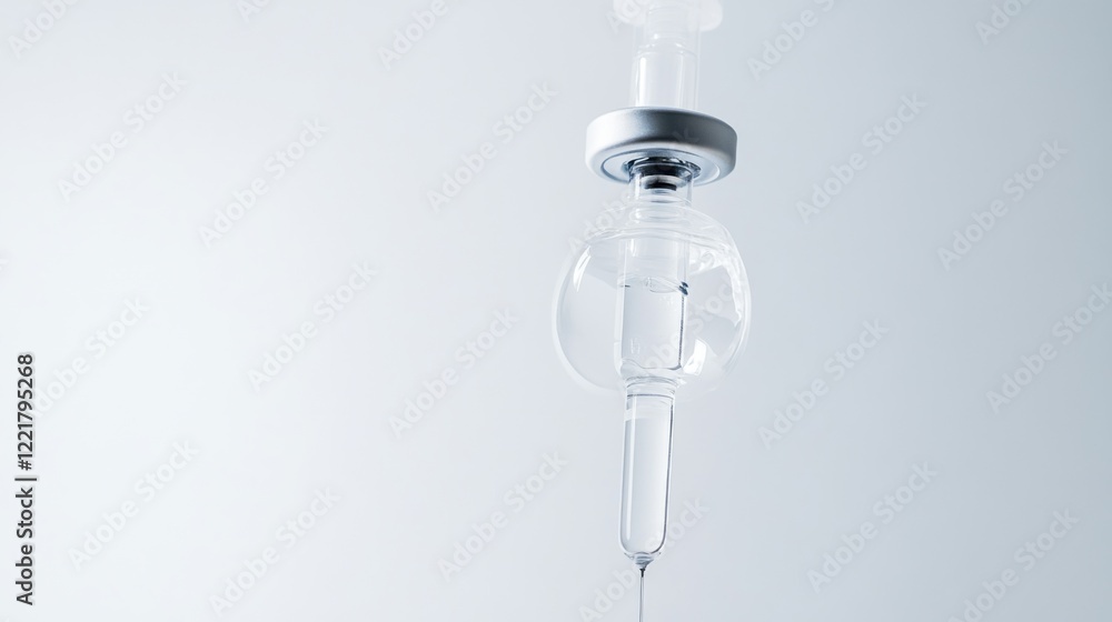 A high-resolution close-up of a medical IV drip setup with clear fluid and tubing, against a white background, Minimalist style A high-resolution close-up of a medical IV drip setup with clear fluid and tubing, against a white background, Minimalist style