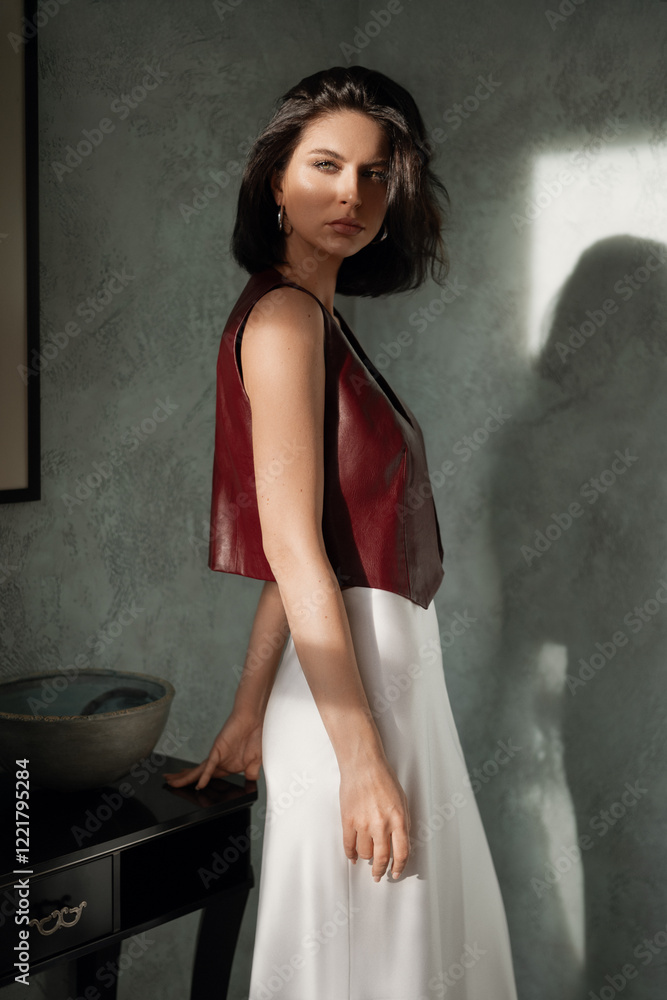 Naklejka premium Fashion photo of beautiful young woman in nice clothes. Fashionable female. Portrait of beautiful woman with nude make-up.