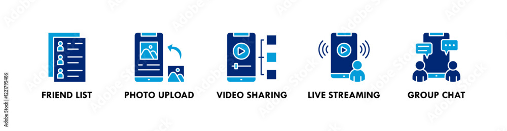 Social Networking banner web icon vector illustration concept with icons of friend list, photo upload, video sharing, live streaming, and group chat Social Networking banner web icon vector illustration concept with icons of friend list, photo upload, video sharing, live streaming, and group chat