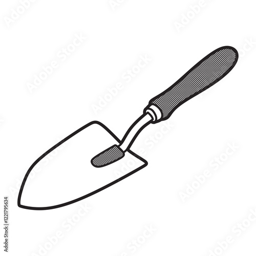 black and white small shovel image, left facing, simple vector