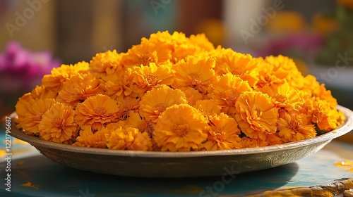Golden Marigold offering in a bowl, temple setting