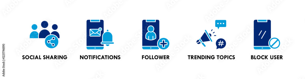Social Networking banner web icon vector illustration concept with icons of social sharing, notifications, follower, trending topics, and block user Social Networking banner web icon vector illustration concept with icons of social sharing, notifications, follower, trending topics, and block user