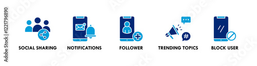 Social Networking banner web icon vector illustration concept with icons of social sharing, notifications, follower, trending topics, and block user