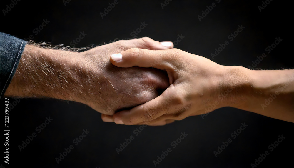 Fototapeta premium Close-up shot of two hands clasped together against a dark background. The image evokes feelings of support, connection, and care.