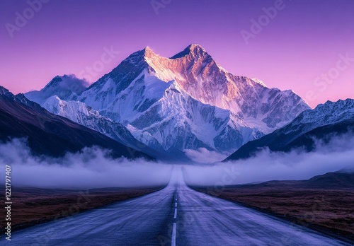 Photograph of Mount Everest in the foreground, an asphalt road at dusk, a purple sky, and foggy  with generative ai