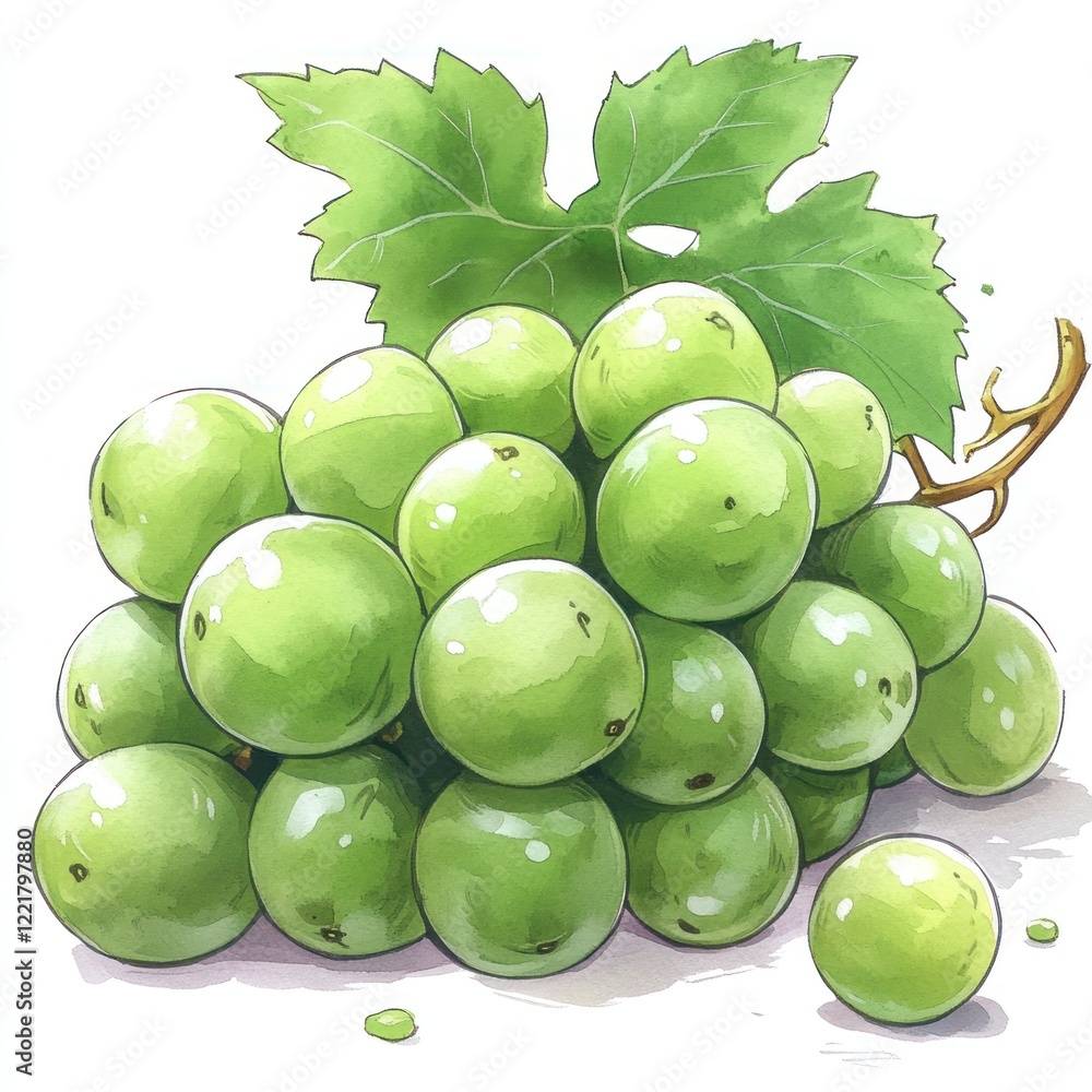 Obraz premium A bunch of green grapes with a leaf, isolated on a white background.