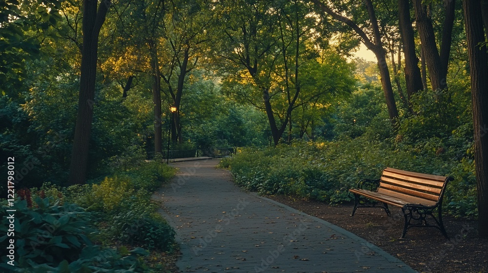 Serene park path with lush greenery and a wooden bench. Serene park path with lush greenery and a wooden bench.