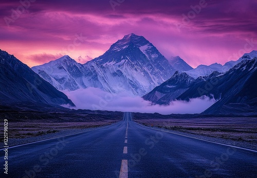Photograph of Mount Everest in the foreground, an asphalt road at dusk, a purple sky, and foggy  with generative ai