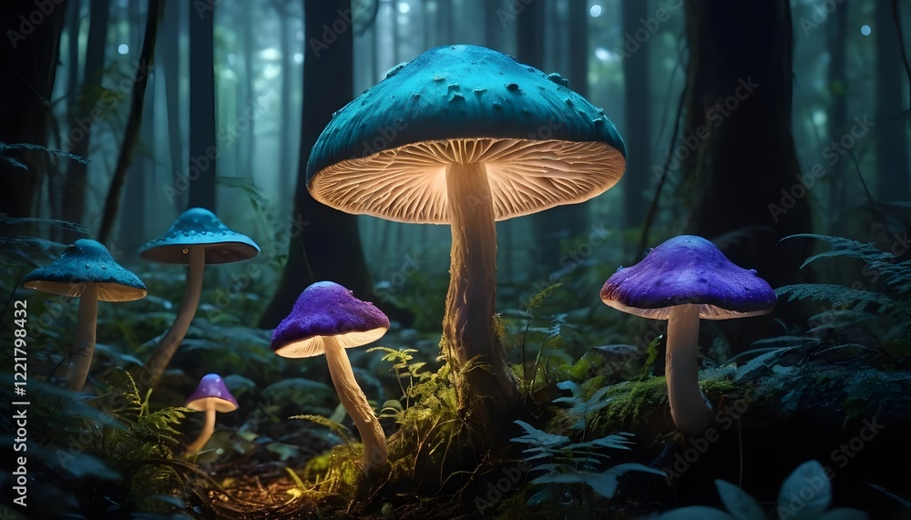 Fototapeta premium Glowing Mushrooms in Enchanted Forest Fantasy Art