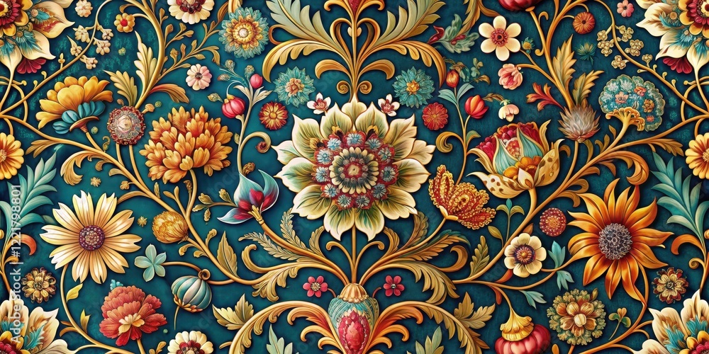 Intricate Golden Floral Design on Teal Background, a Rich Tapestry of Ornate Blossoms and Leaves Intricate Golden Floral Design on Teal Background, a Rich Tapestry of Ornate Blossoms and Leaves