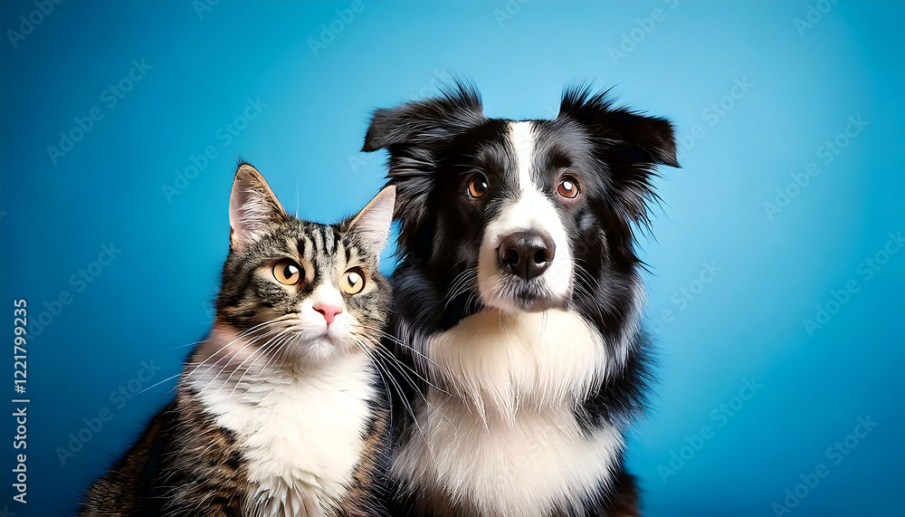 Adorable tabby cat and border collie dog posed together against a vibrant blue backdrop. Perfect for pet adoption websites, veterinary clinics, or animal-themed projects. Adorable tabby cat and border collie dog posed together against a vibrant blue backdrop. Perfect for pet adoption websites, veterinary clinics, or animal-themed projects.