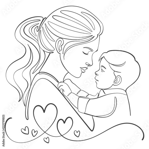 Mother and baby line art. Mom hugs child. Motherhood and newborn concept. Happy mother line vector illustration. Parent loving kid, happy mother day design for card