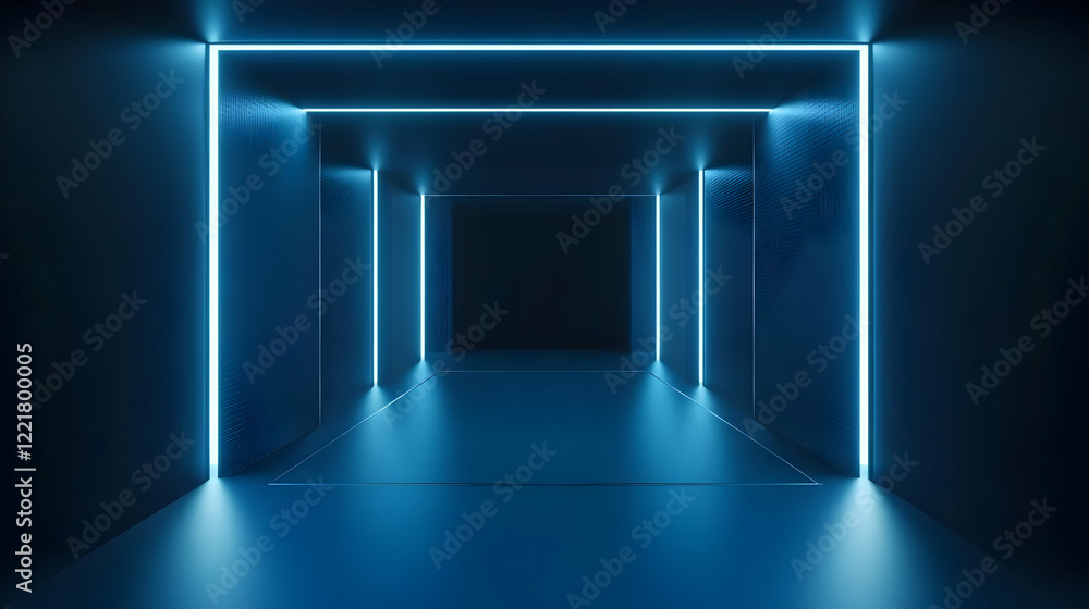 Fototapeta premium Futuristic blue neon corridor, dark background, abstract design, tech website banner