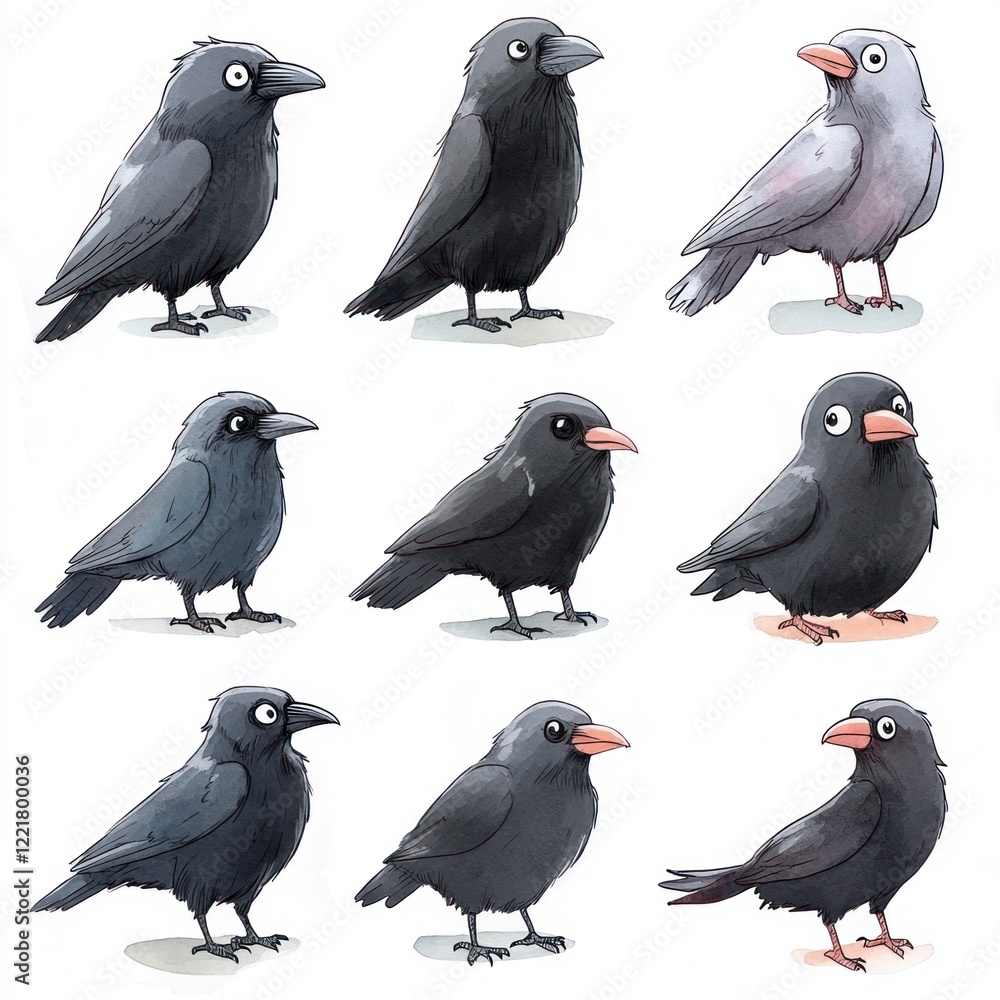 Fototapeta premium A set of nine cartoon crow illustrations with variations in plumage, beak and eye color.