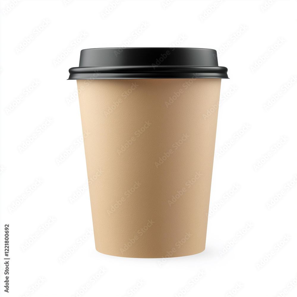 Disposable paper coffee cup with black lid standing on white background Disposable paper coffee cup with black lid standing on white background